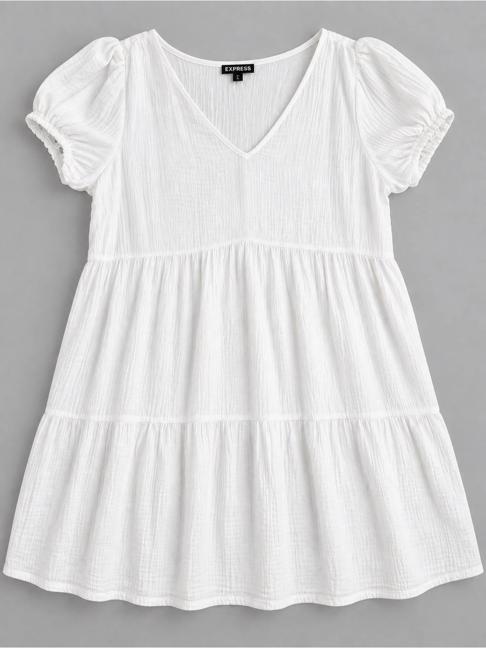Express White Tiered V-Neck Puff Sleeve Dress